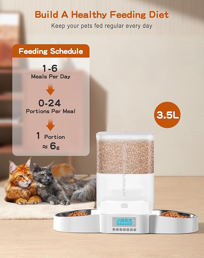 HoneyGuaridan Automatic Cat Feeder for Two,3.5L Cat Food Dispenser with Stainless Steel Bowl,Timed Feeder Programmable 1-6 Meals Control, Dual Power Supply,Desiccant Bag,10s Meal Call-Mewly Pet