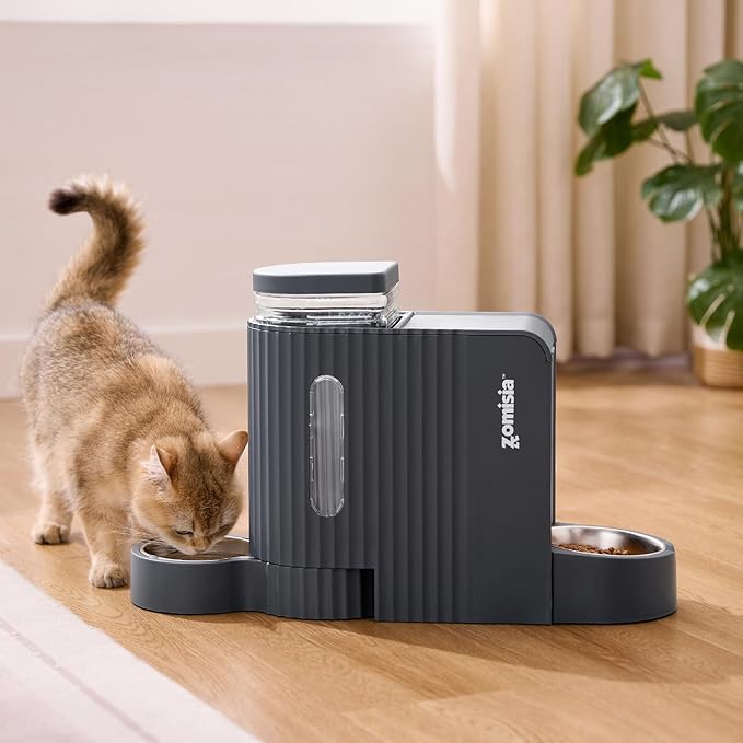 Gravity Cat Feeder and Water Dispenser with 304 Stainless Steel Bowls, 2 in 1 Automatic Cat Feeder with 180 Degree Rotatable Water Bowl, Large Capacity for Puppy Kitten Rabbits, Grey-Mewly Pet