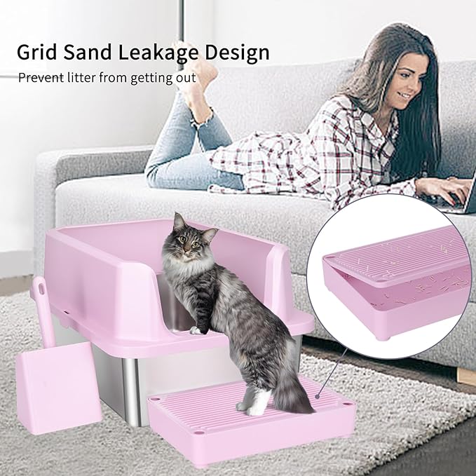 RIZZARI Large Stainless Steel Cat Litter Box: Open Top Leak-Proof Large Cat Pan - Odor Control for Indoor Multi-Cat Homes (Light Pink, 23.8" L*16" W*12" H)-Mewly Pet