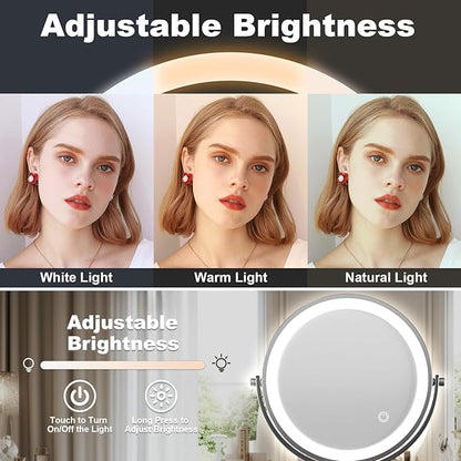 9" Large Height Adjustable Makeup Mirror With Magnification 10X/1X, 4000mAh Rechargeable Led Magnifying Vanity Mirror with Lights, Folding Boom & 360°Swivel 2-Sided Travel Cosmetic Mirror - Chrome