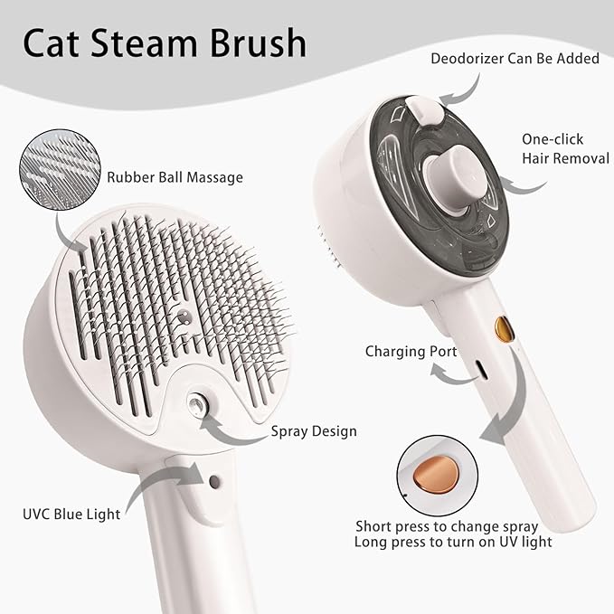 Cat Steam Brush For Shedding, Steamy Dog Grooming Brush With 2-Speed Spray, Blue Light And Release Button, Rechargeable Water Pet Hair Brushes Wet Self Cleaning Cat Spa Brush Cat Comb (White)-Mewly Pet