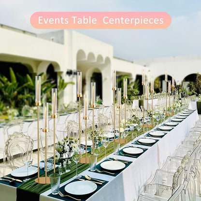 Vincidern 10pcs Gold 3 Arm Candelabra Taper Candle Holder for Table Centerpieces, 34in Tall Metal Candlestick Holder with Acrylic Lampshade for Wedding,Party,Holiday Christmas, Halloween Candelabra