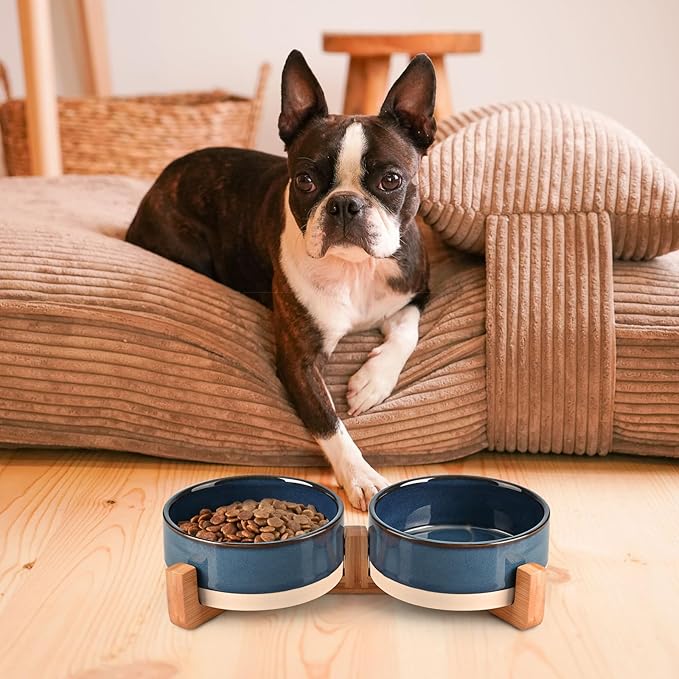 SPUNKYJUNKY Ceramic Dog and Cat Bowl Set with Wooden Stand, Modern Cute Weighted Food Water Bowl Set for Small Size Dogs (1.7 Cups, 2 × Pattern Blue)-Mewly Pet