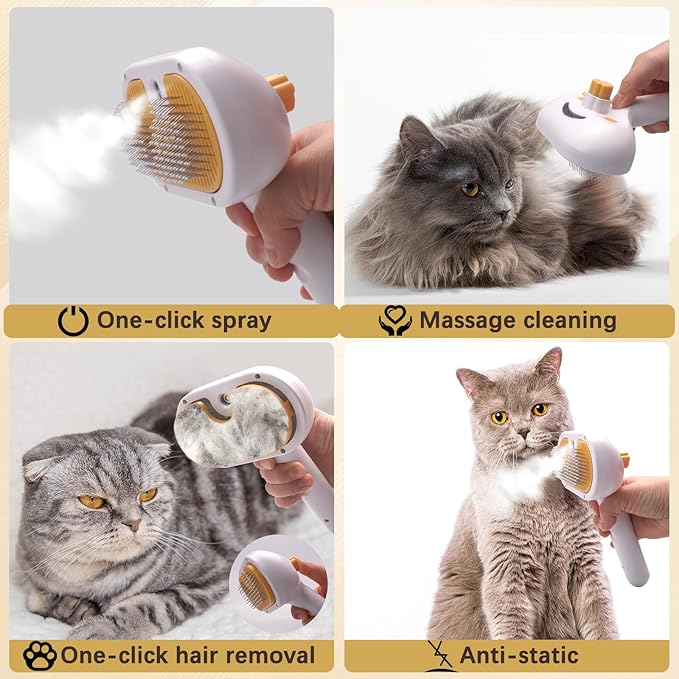 Pet Steam Brush for Dogs and Cats - 4-in-1 Spray Detangling Comb - Steam Detangling and Grooming - Water Brush for Long and Short Haired Pets - Includes Waterless Shampoo and Comb-Mewly Pet