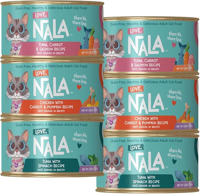 LOVE, NALA - Natural Adult Cat Wet Food - Pate Variety Pack - Tuna, Chicken, Tuna and Salmon - Grain Free, Non-GMO, Fiber Blend, Minerals, Vitamins - 12 Pack 2.1 lbs.-Mewly Pet