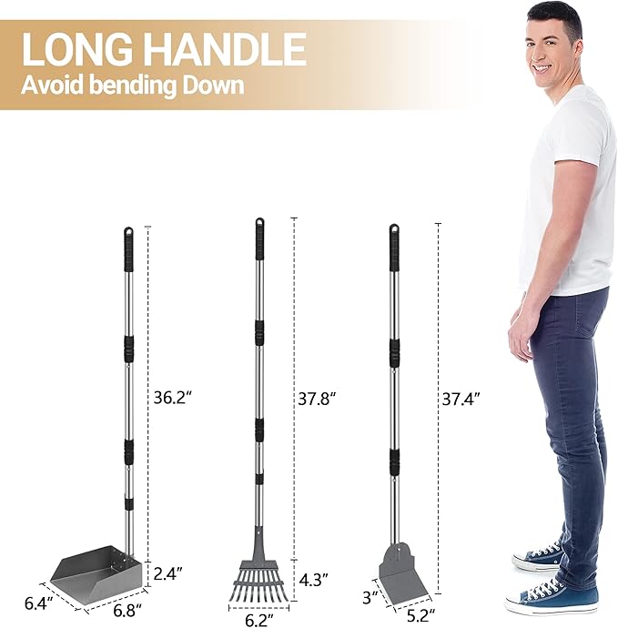 Heeyoo Dog Pooper Scooper, Dog Poop Tray and Rake Set, Pet Waste Removal Scoop with Long Adjustable Sectional Stainless Handles-Mewly Pet