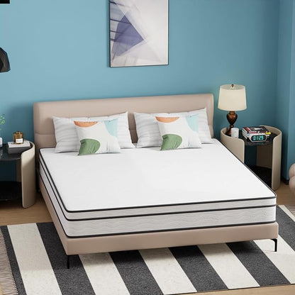 PayLessHere | 10 Inch King Mattress | Medium Firm Hybrid Mattress | White | with High-Density Foam and Breathable Cover | Pocket Spring Design, Pressure Relief | Bed in a Box, CertiPUR-US Certified