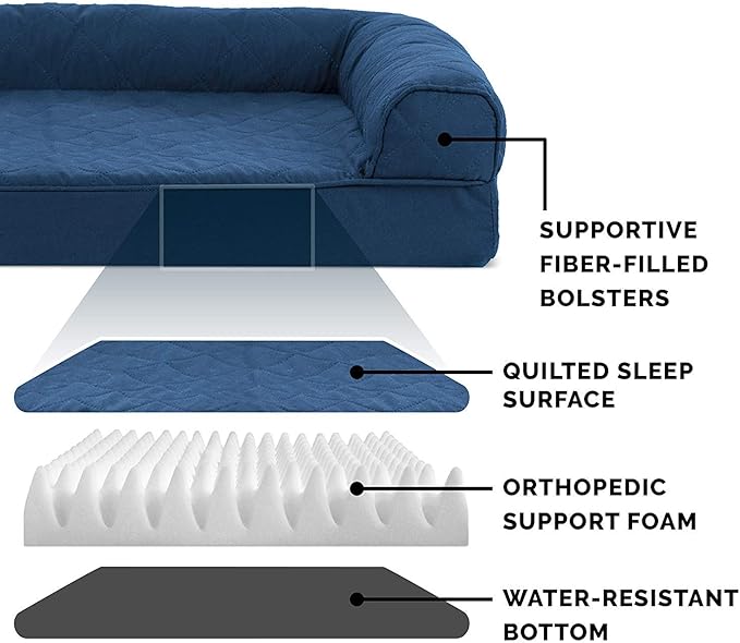 Furhaven Orthopedic Dog Bed for Large/Medium Dogs w/ Removable Bolsters & Washable Cover, For Dogs Up to 55 lbs - Quilted Sofa - Navy (Blue), Large-Mewly Pet