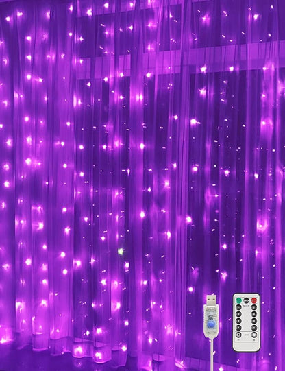 suddus Purple Curtain Lights for Halloween, 200 LED Hanging String Lights with USB Plug, Curtain String Lights Indoor for Bedroom Wall, Christmas, Party, Porch, Holiday Decorations, 6.5ft * 6.5ft