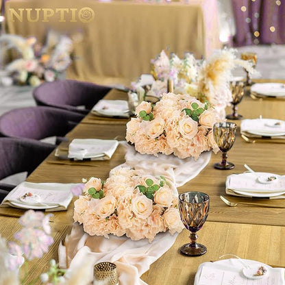 NUPTIO Flower Ball Arrangement Bouquet - 2 Pcs 15.7 inch Diameter Champagne Fake Flowers Roses Balls for Centerpieces Tables - Artificial Rose Arrangements for Wedding Centerpiece Table Decorations
