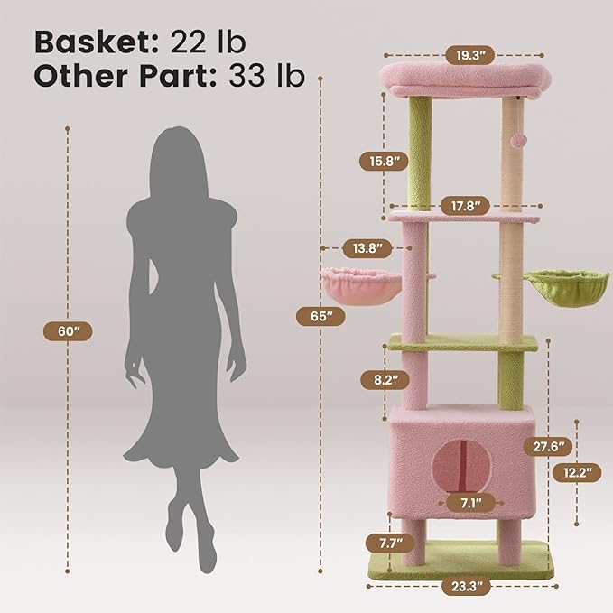 Gardner Pet 65in Heavy Duty Cat Tree Tower for Large Cats, Multi-Level Cat Furniture with Replaceable Sisal Scratching Post, Hammock | Extra-Large Platform & Condo (Pink&Green, Basic φ:2.84")-Mewly Pet