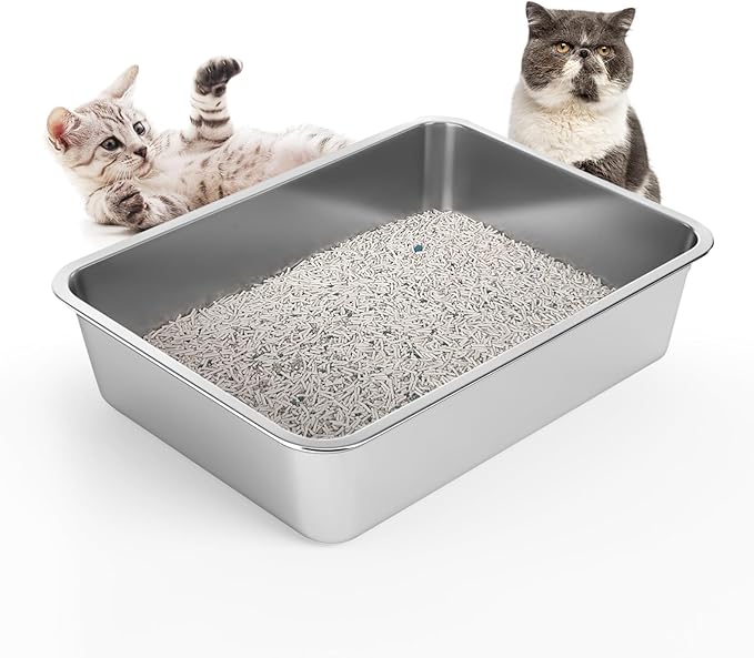 LIHONG Stainless Steel Cat Litter Box for Cat and Rabbit, Odor Control Litter Box Non Slip Rubber Feet. Odor Control, Non Stick, Never Bend 16" L x 12" W x 4" H-Mewly Pet