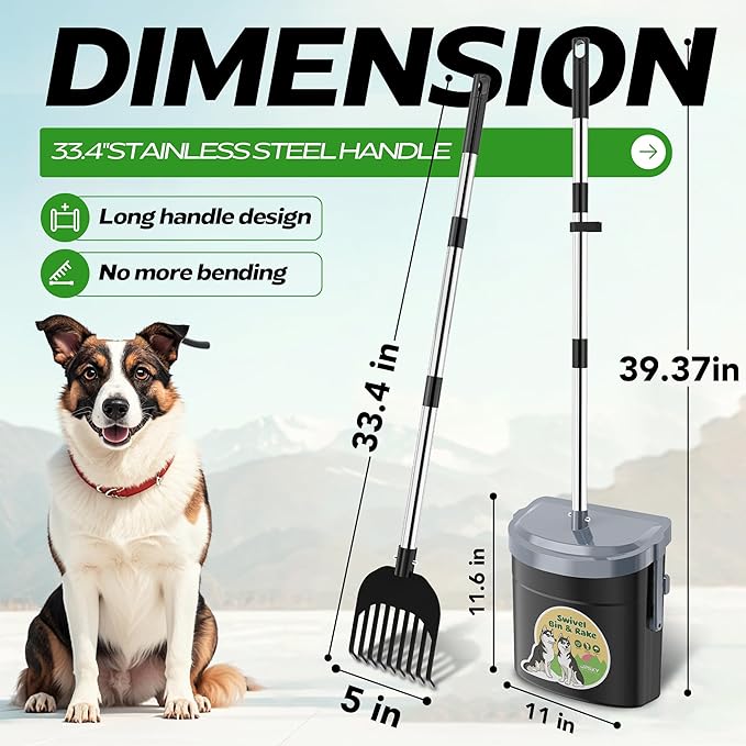 UPSKY Dog Pooper Scooper Swivel Bin & Rake Kit with 100 Waste Bags,33.4" Stainless Steel Long Handle Heavy Duty Pet Poop Shovel for Large Medium Small Dogs, Odor-Proof Lid for Yard/Lawn/Outdoor Use-Mewly Pet