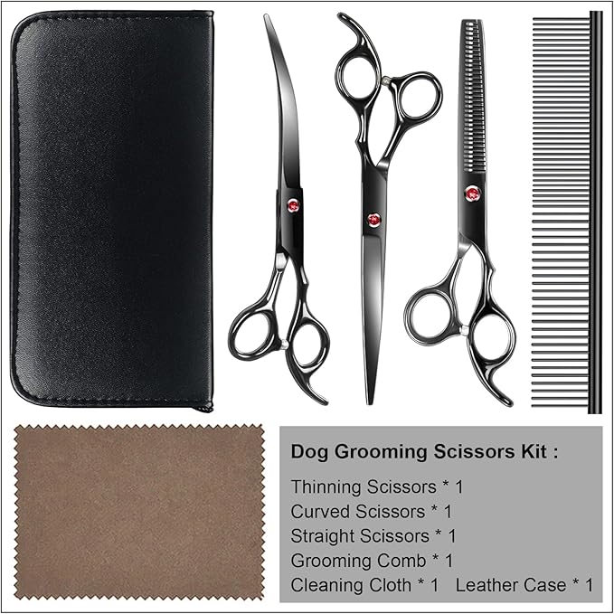 Professional Dog Grooming Scissors kit Black 5 in 1, Dog Shears for Grooming 6CR Premium Stainless Steel Grooming Scissors Kit for Dogs Cat Pet-Mewly Pet