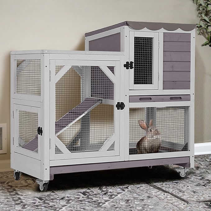GUTINNEEN 2-Story Rabbit Hutch Indoor with Chew-Proof Design & Slide-Out Trays - Wooden Small Animal Cage Guinea Pig Cages with Lockable Wheels for 2-3 Rabbits, Bunnies, Guinea Pigs (Grey)-Mewly Pet