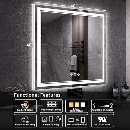 LED Mirror, 40x40 Inch Gradient Front and Backlight Bathroom Mirrors for Wall, 3 Colors Dimmable CRI>90 Double Lights, IP54 Enhanced Anti-Fog, Hanging Plates Wall Mount LED Vanity Mirror
