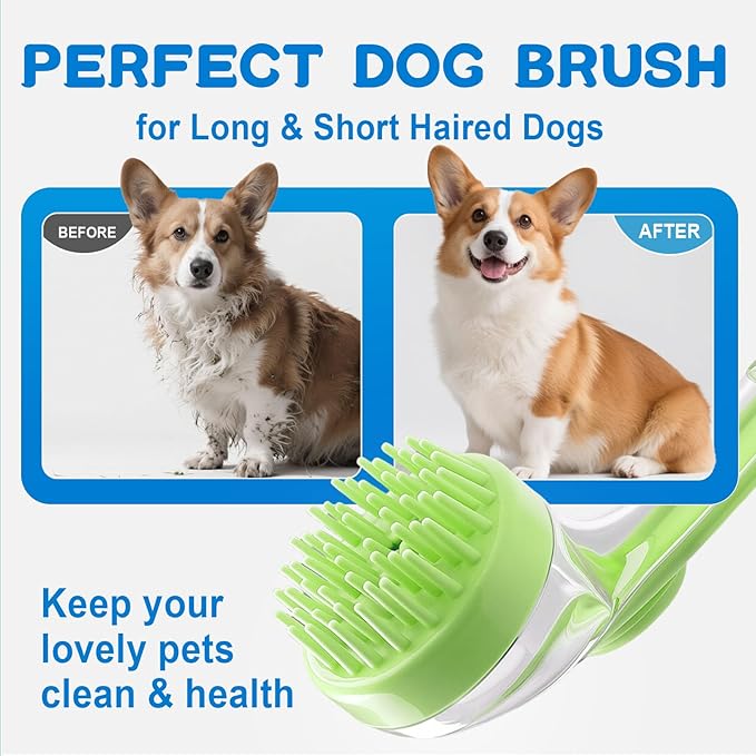 Dog Bath Brush, Silicone Pet Bath Brush with Soap Dispenser,Deep Cleansing & Gentle Massage for Dogs & Cats, Suitable for Long & Short Hair, Easy Grip, Bathing & Grooming(Green)-Mewly Pet