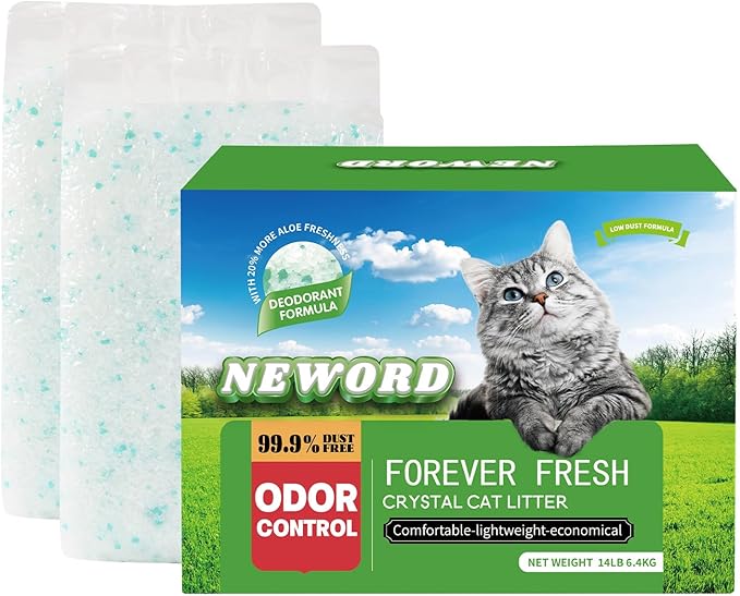 NEWORD Crystals Cat Litter Silica Gel, 14LB Bag, Superior Odor Control, Non Clumping Cat Litter, Lightweight Cleaning Crystals for Home Kitty Litter Boxes Cats Pets, Aloe Vera Fragrance-Mewly Pet
