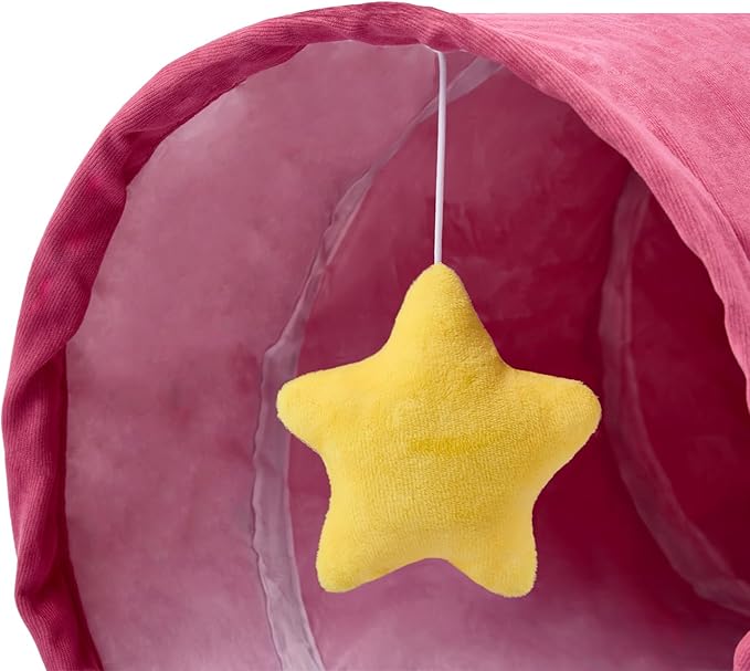 Cat Tunnel, Large Indoor Durable Collapsible Interactive Cat Tube with Peek-A-Boo Hole, Hanging Toys, and Crinkly Paper Lining - Cute Tunnel for Cats, Kittens, Puppies & Rabbits, Pink-Mewly Pet