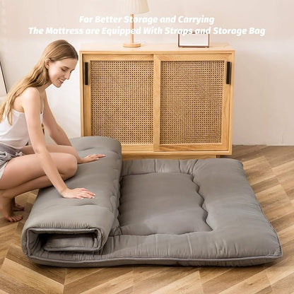 MAXYOYO Japanese Floor Mattress Futon Mattress, 4" Thicken Tatami Mat Sleeping Pad Foldable Roll Up Mat Boys Girls Dormitory Pad Kids Floor Lounger Pillow Bed, Charcoal Grey, Full Size