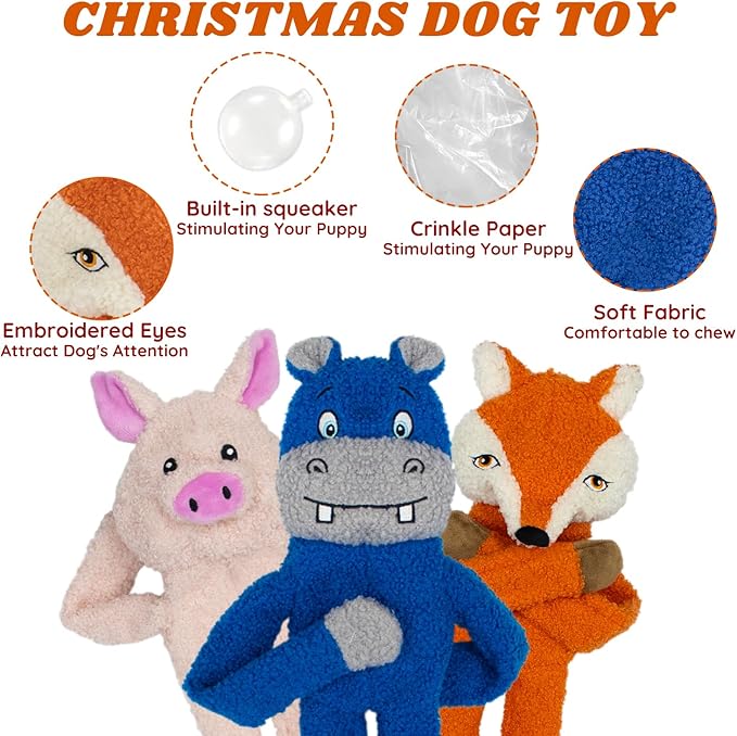 3 Pack No Stuffing Crinkle Squeaky Interactive Plush Dog Toys for Aggressive Chewers to Keep Puppy Busy for Boredom Small & Medium Breeds Furry Friend Teething Orange Fox Pink Pig Blue Hippo-Mewly Pet