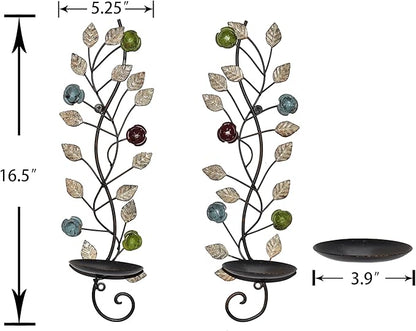 Wall Sconces Candle Holder Set of 2, Antique Leaf Branch Wall Mount Hanging Metal Candle Holder Candle Sconce for Living Room Dining Room