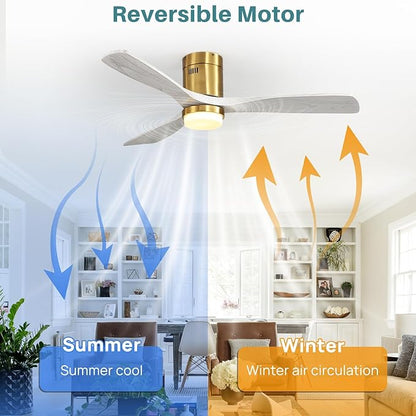 Sofucor 52 Inch Smart Ceiling Fans with Lights-Flush Mount Low Profile Modern Outdoor Solid Wood Ceiling Fans with Alexa/Google Assistant/APP/Remote Control for Bedroom/Farmhouse/Patio, Grey Gold