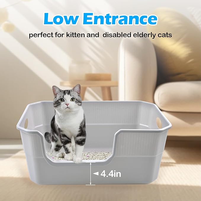 Large Open Cat Litter Box Low Entry,High Sided Cat Litter Pan Anti-Splashing Plastic Kitty Box Grey Kitten Pan with High Wall Easy Clean-Mewly Pet