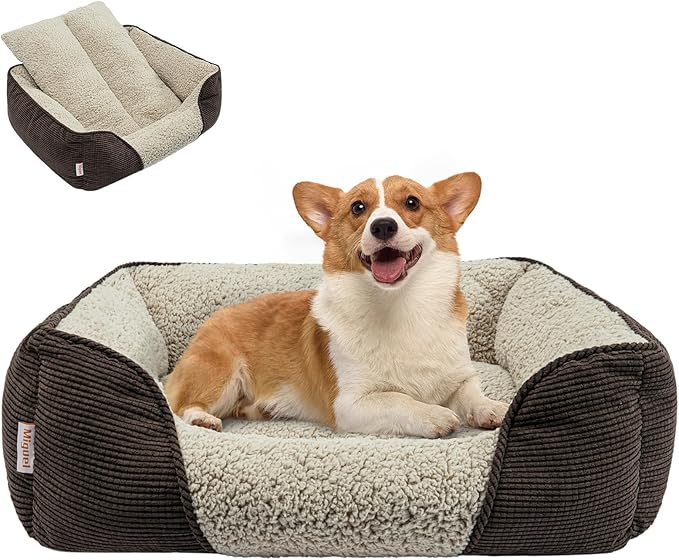 Miguel Washable Dog & Cat Bed with Removable Cushion for Medium & Small Dogs, Easy to Wash Pet Sofa Bed with Side Bolster, Anti-Slip Bottom, Brown, 30 Inch Rectangle-Mewly Pet