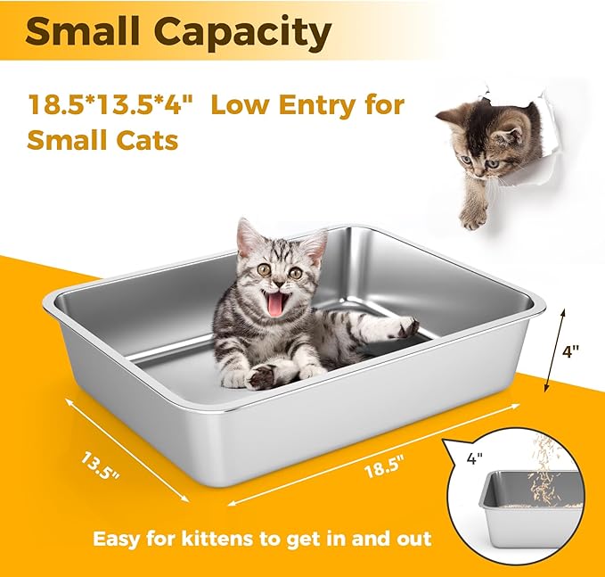 LIHONG Stainless Steel Cat Litter Box,Small Metal Litter Box for Small Cats Hamster Rabbits,No Smell,Non Stick,Easy to Clean(18" Lx14 Wx4 H,M)-Mewly Pet