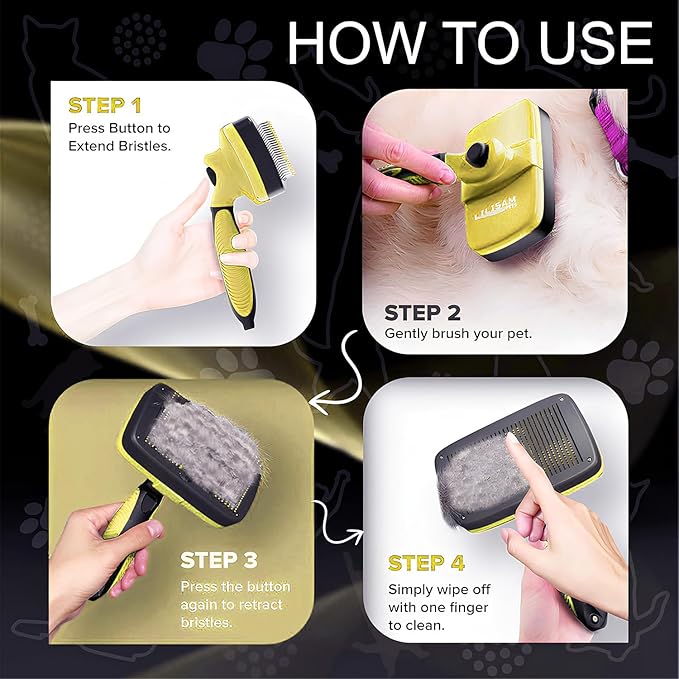 Pet Self Cleaning Slicker Brush and Grooming Comb - Gently Removes Loose Hair, Tangles, and Dirt - Skin Friendly Deshedding Grooming Tool for Hair Dogs & Cats - Pet Supplies Accessories (Yellow)-Mewly Pet