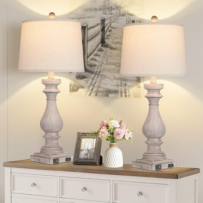 29" Tall Table Lamp for Living Room Set of 2,Vintage Bedside Nightstand Lamps with USB C+A Ports & AC Outlet,3-Way Dimmable Touch Control Desk Lamp for Bedroom,Color 2