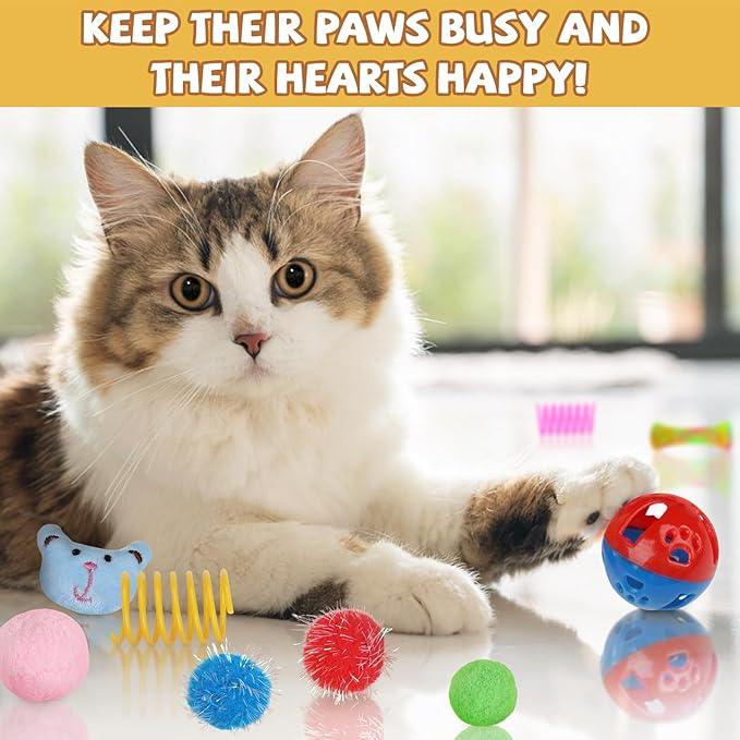 Kitten Toys - 38PCS Cat Play Set, Sparkle Balls, Plush Pom Pom Balls, Hanging Door Toy, Gift Box Styles-Mewly Pet