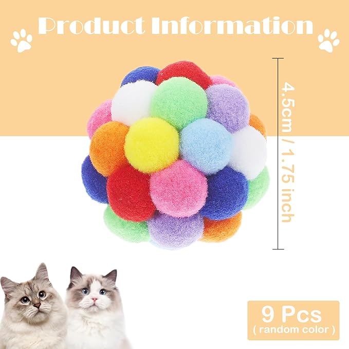 9PCS Cat Toy Balls, 1,75'' Soft Pom Pom Balls for Kittens, Colorful Soft Fuzzy Balls for Cats, Interactive Playing Chewing Toys for Indoor Cats and Kittens, Cute Kitten Kitty Toys-Mewly Pet