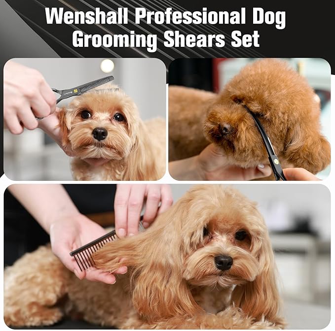 Professional Dog Grooming Scissors Set - 6.5" Thinning, 7" Straight, 7" Up-Curved, 7" Down-curved Scissors and Comb for Dog Cat Pet (Black)-Mewly Pet