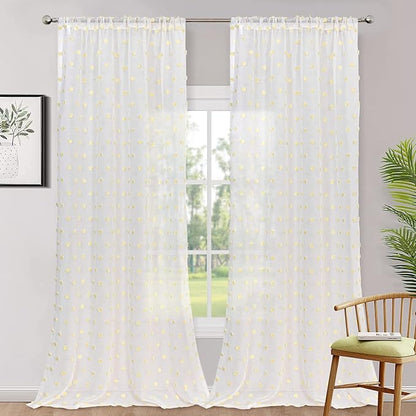 MYSKY HOME 95 Inch Length Long Pom Pom Curtains for Bedroom, Living Room & Sliding Doors - Yellow Sheer, Mustard Backdrop - 52 x 95 in, 2 Panels