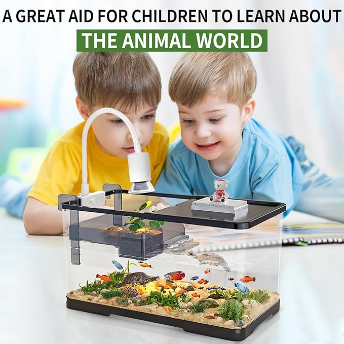 (Tank + Light + Filter Balls) Turtle Tank Kit, Turtle Tank Starter Kit,Bottom Drainage, Multi-Function Areas for Turtles, Crabs,Fishes, Amphibians,Reptiles. (11.81 × 7.88 × 7.88 Inch)-Mewly Pet