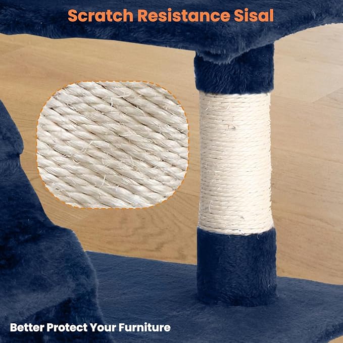 54.7 inches Cat Tower - Multi-Level Cat Condo with Scratching Posts, Hanging Toys, Navy Blue-Mewly Pet