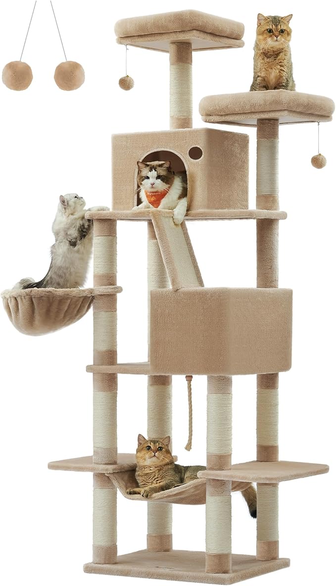 Feandrea Cat Tree, 81.1-Inch Large Cat Tower with 13 Scratching Posts, 2 Perches, 2 Caves, Basket, Hammock, Pompoms, Multi-Level Plush Cat Condo for Indoor Cats, Camel Brown UPCT190K01-Mewly Pet