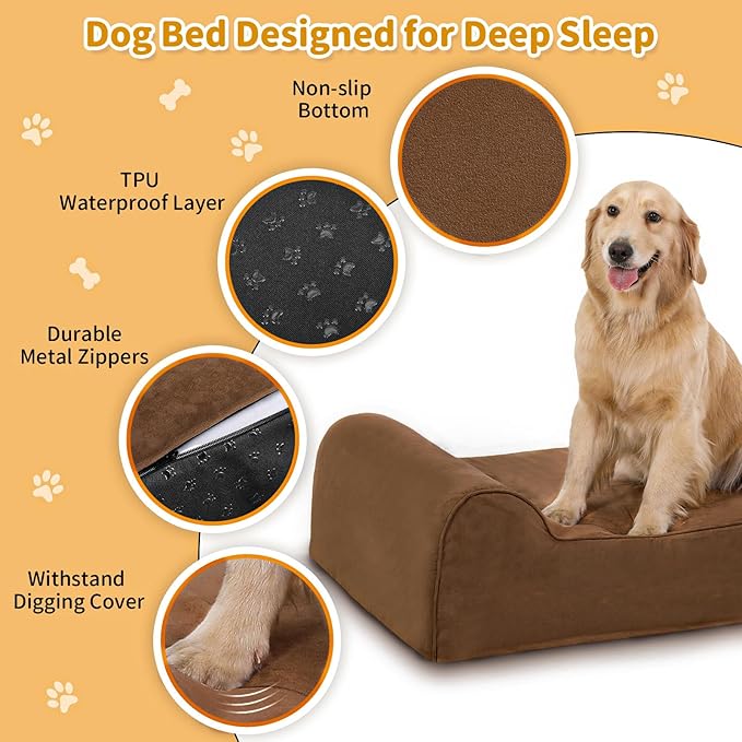 Orthopedic Dog Beds for Large Dogs, 7" Memory Foam Dog Beds with Waterproof Liner, Chew Proof Microsuede Cover, Removable and Washable, Nonskid Bottom, 48"x30" L Brown-Mewly Pet
