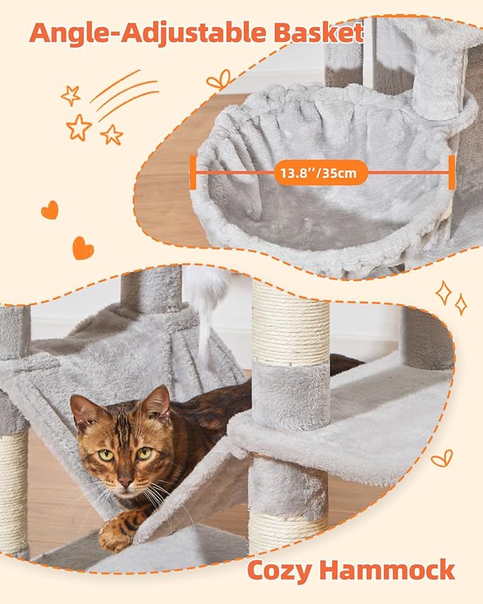 Taoqimiao 66-Inch Cat Tree Cat Tower for Indoor Cats, Plush Multi-Level Cat Condo with 7 Scratching Posts, 2 Perches, 2 Caves, Hammock, 2 Pompoms MS013W Light Gray-Mewly Pet