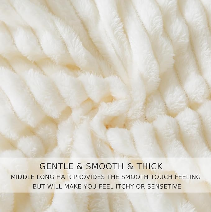 Cuddly Twin Size Blanket, Fluffy Fleece, Warm & Soft with Striped Pattern, 66x90 Inches, Cream