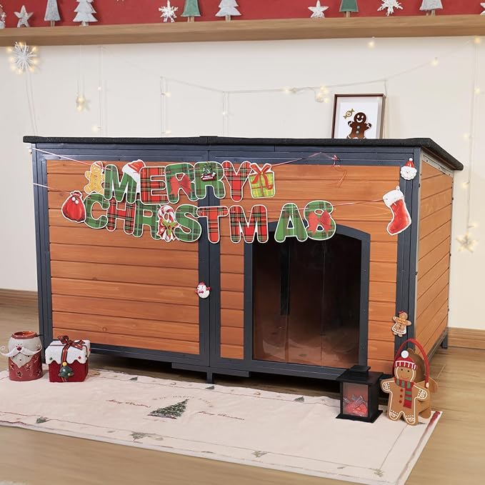 Extra Large Dog House Outdoor Weatherproof 59.1" Outside Wooden Dog Kennel, Chewproof Strong Iron Frame Window-Mewly Pet