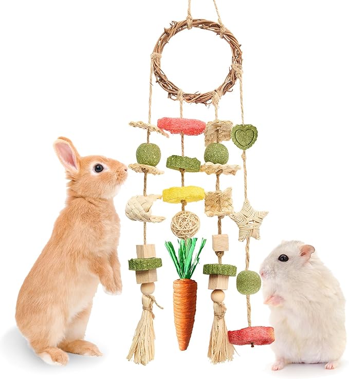 Rabbit Chew Toys Bunny Cage Hanging Toy and Treats Rattan Ring with Snacks for Rodent Pets Teeth Healthy-Mewly Pet