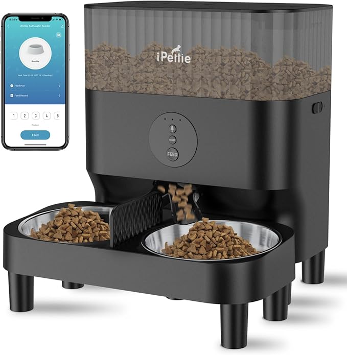 iPettie Automatic WiFi Pet Feeder for 2 Pets, 5L Capacity, 1-10 Meals Per Day, Adjustable Bowl Height, Smart Dog Cat Feeder with 2 Stainless Steel Bowls, 2.4G WiFi App Control for Cats and Small Dogs-Mewly Pet