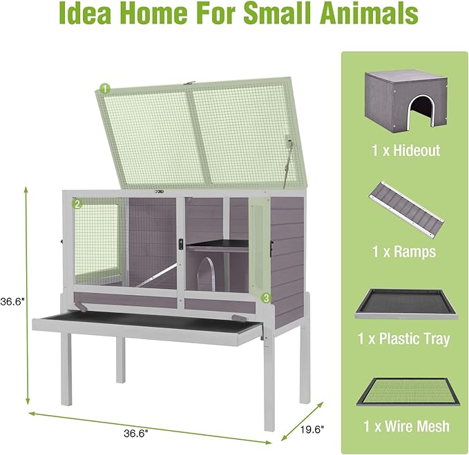 GUTINNEEN Rabbit Hutch Guinea Pig Cages Indoor with Stand Wooden Small Animals Cage Hutch Hamster Cage with Hideout,Pull Out Tray, Anti Chew Ramp (Grey)-Mewly Pet