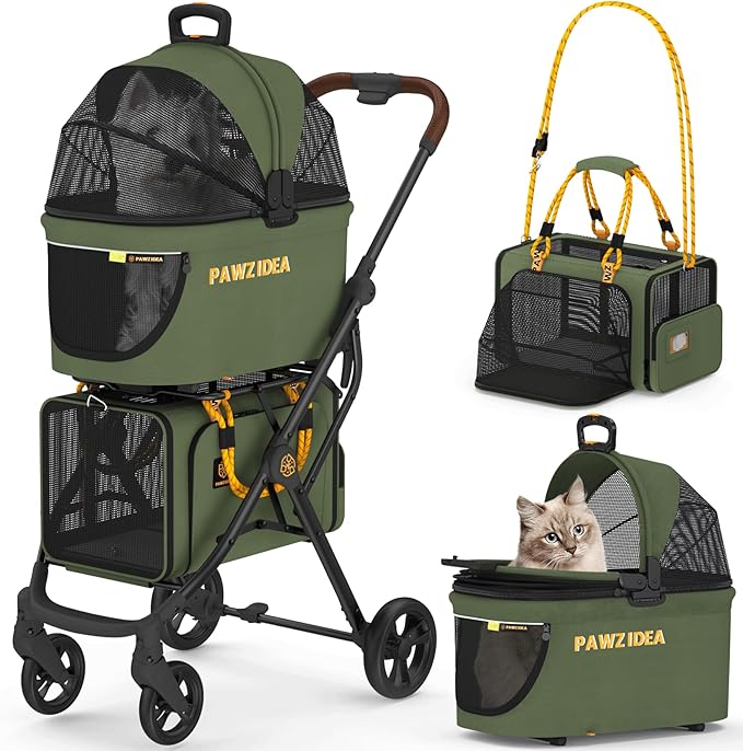 PAWZIDEA Double Pet Stroller with 2 Detachable Carriers, Portable Dog Crate for Car Travel & TSA-Approved Expandable Cat Carrier, Foldable Lightweight Jogger Stroller for 2–4 Cats or Small/Medium Dogs-Mewly Pet