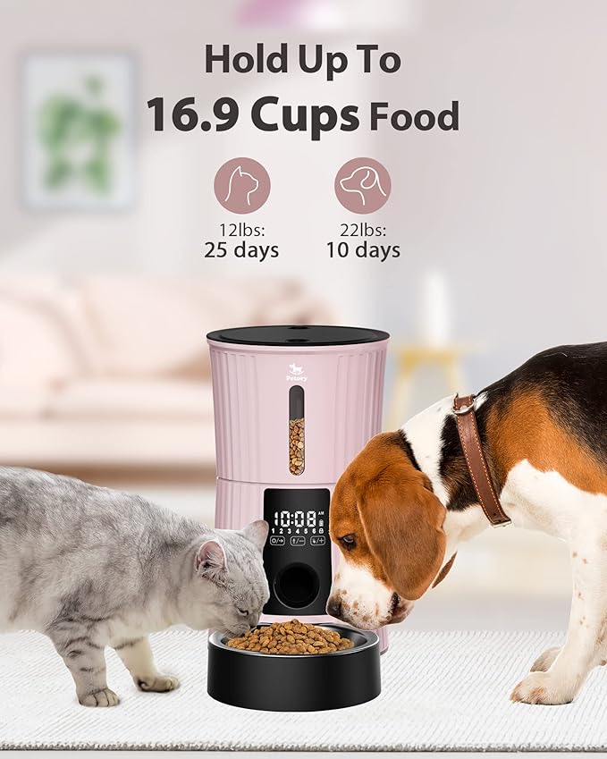 Petory Timed Automatic Cat Feeders - 4L Programable Dry Food Dispenser for Cats and Small Medium Dogs 6 Meals with Desiccant Bag Dual Power Supply 10S Voice Recorder-Mewly Pet