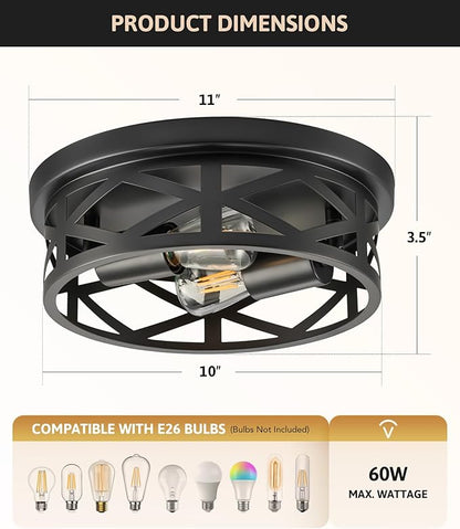 VONLUCE Flush Mount Ceiling Lights, 2-Light Hallway Ceiling Lighting Fixtures, 11 inch Farmhouse Metal Cage Ceiling Lights for Entryway Kitchen, Adjustable Lamp Holders, ETL, 2 pcs, Black