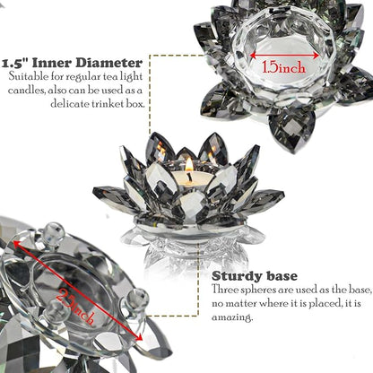 Lotus Black Crystal Tea Candle Holder Crystal Wishing Tealight Candlestick Stand Exquisite Desktop Decoration Holiday Celebration Wedding Restaurant Party Atmosphere Decoration (4 Pcs, Dark Grey)